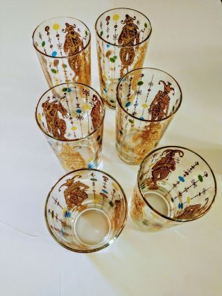 6 Vintage Culver Mardi Gras Highball Jeweled Jester Glasses Barware Mid Century 6