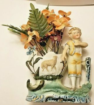 Vintage Porcelain,  Ceramic Figurine Vase Planter Boy With A Sheep