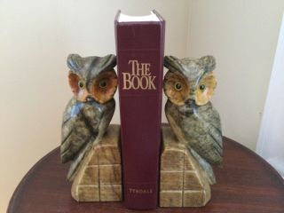 Pair Vintage Alabaster Bookends Hand Carved Owls Made In Italy