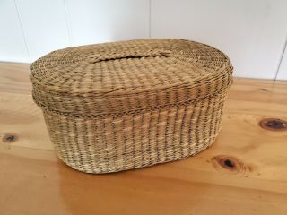 Tight Woven Oval Basket With Lid Boho Vintage