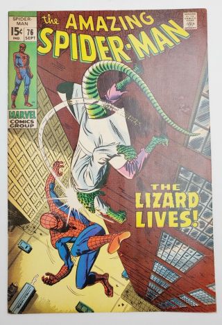 1969 Marvel Comic Book Spider - Man 76 Lizard Appearance Romita Art Fn,