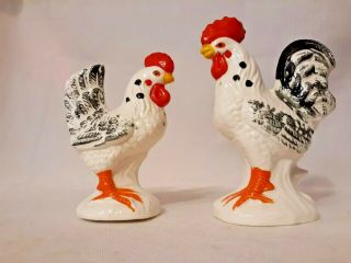 Vintage Ceramic Rooster And Hen Chicken Salt & Pepper Shakers White & Blk Japan