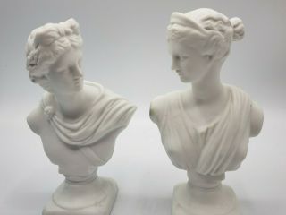 Pair Antique Bisque Porcelain Figural Neo Classical Busts Greek / Roman 5.  25 