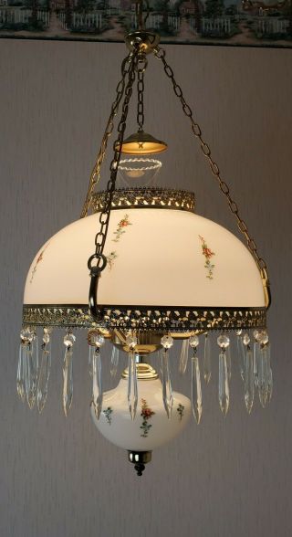 Vintage White Farmhouse Style Gwtw Hurricane Swag Lamp W/ Crystals Brass Chain