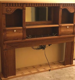 Vintage Oakwood Interiors Queen Headboard With Lighted Bookshelf And Storage.
