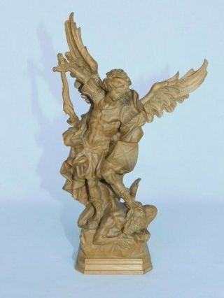 Wum Heinzeller Wood Carved 9.  5  St Michael " Archangel Defeating Satan Sculpture