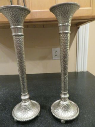 Set Of Two Hammered Silver Tone Metal Candlestick Candle Holders 17 " Tall