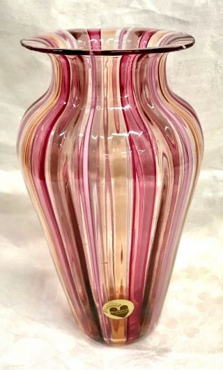 Vintage Mazzega Murano Rare Cranberry/ Amber Cane Art Glass Vase W/ Label - 9 "