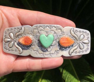 Vtg Navajo Stamped Sterling Silver Turquoise Heart & Spiny Oyster Hair Barrette
