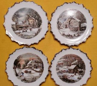 Vintage Currier & Ives Gold - Edged Decorative Christmas Plates,  Set Of 4,  7 ".