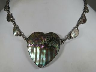 Vintage Taxco Mexican Sterling Silver Abalone Heart Shaped Necklace 17 "