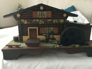Vintage Large Swiss Chalet Music Box,  Wood Cabin With Revolving Water Wheel.  Vgc