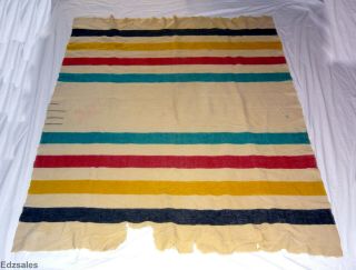 Antique Vintage Hudson Bay Wool Blanket White Striped 3 1/2 Stripes