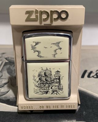 1989 Vintage Scrimshaw Zippo Lighter Boat Lighthouse Ship Ultralight