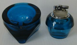 Vintage Glass Table Lighter & Ashtray Set Blue Color