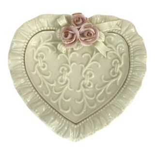 Ivy Porcelain Cream Color Heart Trinket Dish W/ Applied Pink Roses Gold Trim