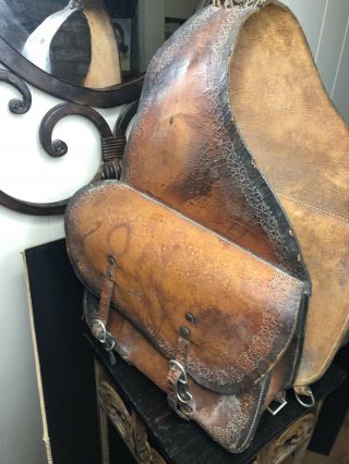 Vintage Western Cowboy Horse Saddle Bags Leather 32.  5 " 11.  5 " Real Cowboy