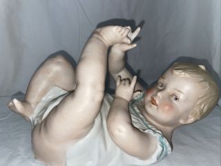 Vintage German Piano Baby Large Bisque Porcelain Girl 8” Long 5 - 1/2”tall