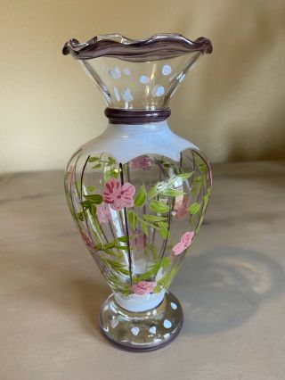 Hand Painted Clear Glass Vase With Stripes Polka Dots Pink Flowers Spring