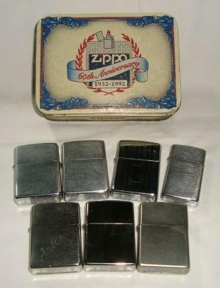 Zippo 60th Anniversary Tin With 7 Zippo Lighters In Great