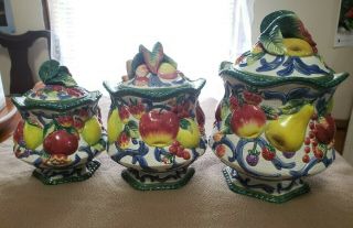 Set Of 3 Fitz And Floyd Classics Florentine Canisters Embossed Fruit Covered