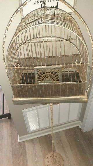 Vintage Metal Bird Cage & Cast Iron Victorian Stand,  glass feeders 2
