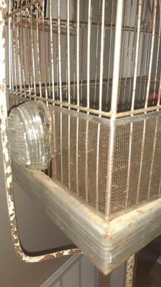 Vintage Metal Bird Cage & Cast Iron Victorian Stand,  glass feeders 5