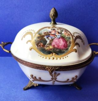 Antique French Porcelain Hand Painted Footed Hinged Trinket Dresser Ormolu