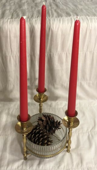 Vintage Brass Triple Candleholder With Pressed Glass Bowl