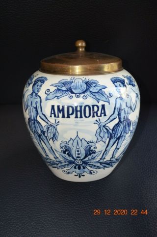 Vintage Hand Painted Blue & White Delft Amphora Vase/tobacco Jar/humidor 7.  5 " H