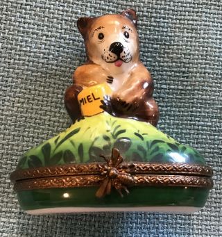 Limoges Porcelain Hinged Trinket Box Bear With Honey Jar Pv France Peint Main