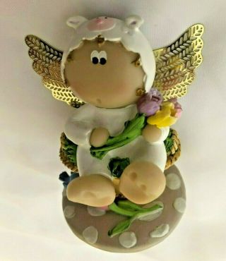 Angel Cheeks 3 " In White Bunny Suit Sitting In Basket By Bird Figurine