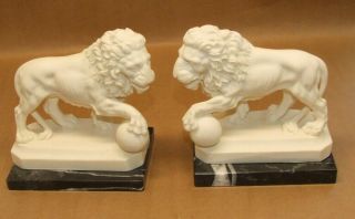 Vintage A Santini Alabaster Lions On Marble Book End Set 2lb 5oz Each 5.  75 " Tall