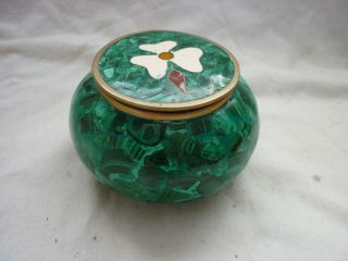 Unusual Small Charming Solid Brass And Enamel Lidded Pot Green Vintage Trinket