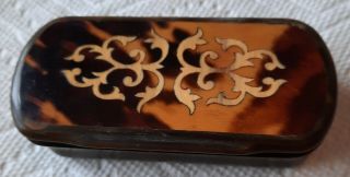 Antique Carved Horn Snuff Box,  Inlay Marquetry Faux Tortoise Top