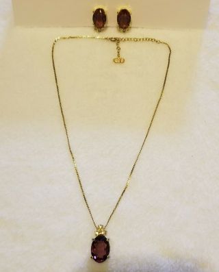 Vintage Christian Dior Necklace & Clip Earrings Amethyst Rhinestone Signed Set