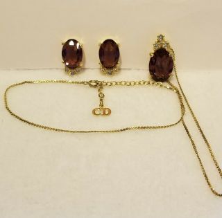 Vintage Christian Dior Necklace & CLIP Earrings Amethyst Rhinestone Signed Set 2