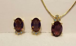 Vintage Christian Dior Necklace & CLIP Earrings Amethyst Rhinestone Signed Set 3