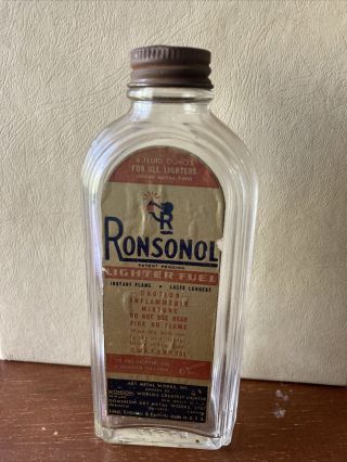 $$ (rare) Art Metal Ronsonol Lighter Fluid Glass Bottle For Zippos Etc