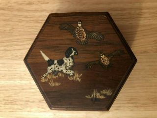 Vintage Small Hand Painted Wood Wooden Hexagon Trinket Jewelry Box Hunting Dog
