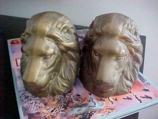 Vintage Heavy Solid Brass Lion Head Bookends 5 " X 5 " Patina