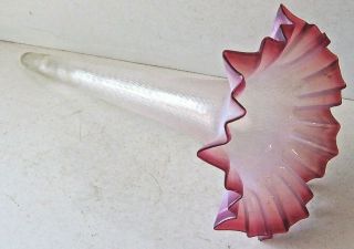 Antique Vintage 13.  5 " Pink Art Glass Single Horn Epergne Vase W/ Ruffled Edge