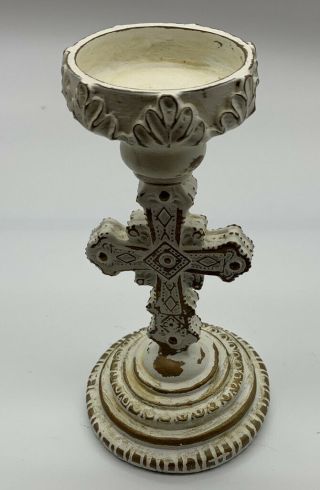 Painted & Distressed Cross Candlestick Holder Décor Religious White Gold 7 " X3.  5 "