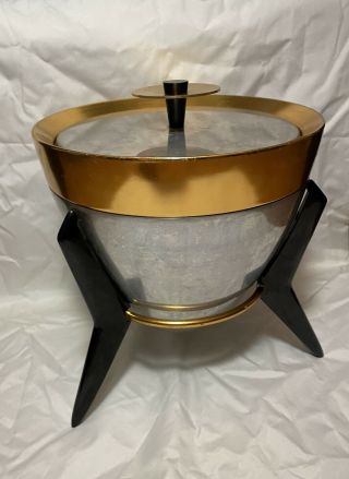 Vintage Mid Century Modern Mirro Bullet Ice Bucket On Tripod Stand Retro