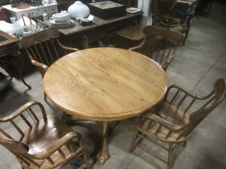 Vintage Round Oak Dining Table 1 Leaf (chairs Not) 3