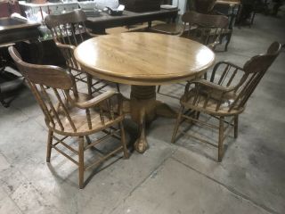 Vintage Round Oak Dining Table 1 Leaf (chairs Not) 5