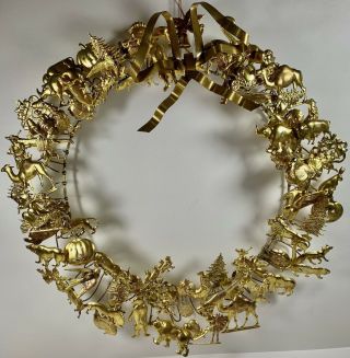Vintage Large Dresden Petites Choses Brass Holiday Christmas Animal Wreath 15”