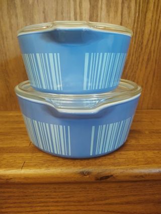 Vintage PYREX Blue Barcode Lines 475 - 2.  5 QT & 474 - 1.  5 QT Casserole Dishes 3