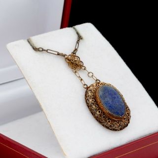 Antique Vintage Deco Sterling Silver Gold Wash Chinese Lapis Lazuli Necklace 5g