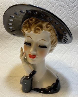 Vintage Napco Ceramic Lady Head Vase S348b 6 " 1/2 Tall Black Polka Dots 1950’s